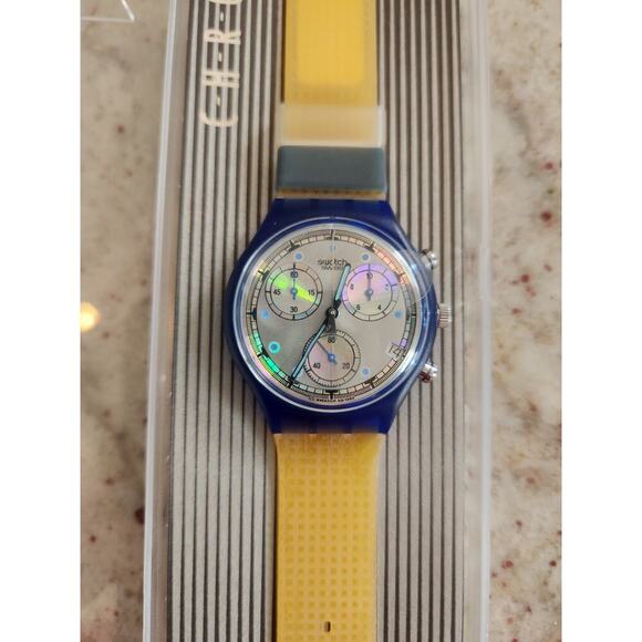 Swatch Chrono Watch PEARL FRAME SCN401 with Case & Papers 1994 NOS New Battery - Picture 3 of 12